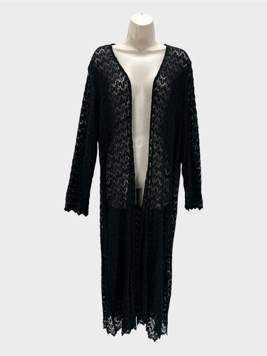 Investments Sweaters - Slim Factor Open Loose Knit Lace Duster Cover Up Longline Cardigan Black 1X